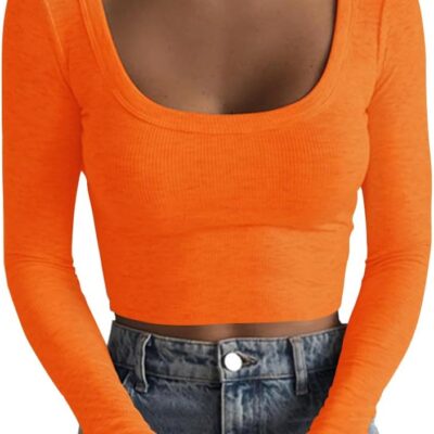 Artfish Women's Square Neck Long Sleeve Ribbed Slim Fitted Casual Basic Crop Top
