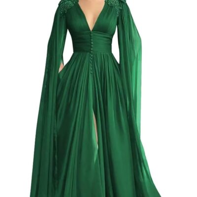 Women's Tulle Prom Dresses Double V Neck Long Ball Gowns Lace Appliques Evening Party Cocktail Dress with Cape Pocket