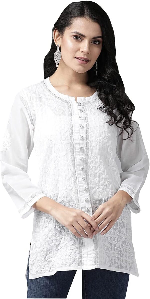 Ada Indian Hand Embroidered Chikankari Cotton Top Tunic Blouse for Women A178625 White