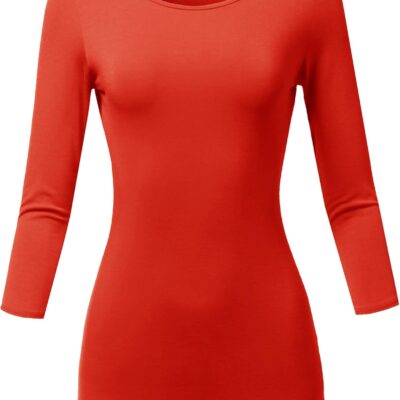 SSOULM Women's Casual 3/4 Sleeve Stretchy Slim Fit Basic T-Shirt Top with Plus Size