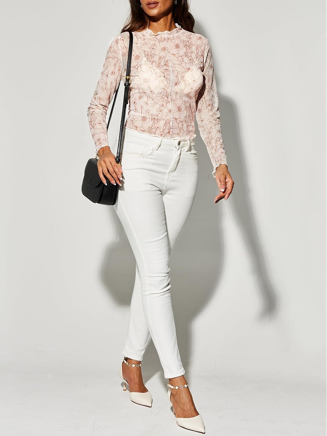 Mesh Sheer Top Women See Through Tops for Women Long Sleeve Layering Top Boho Floral Lettuce Hem Blouse Shirts - Image 5