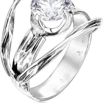 925 Sterling Silver Ring With A White Round Cubic Zirconia CZ Prong, Vintage Antique Look, Hypoallergenic, Nickel and Lead-free, Artisan Handcrafted Designer collection, Made In Israel