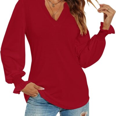 Romanstii Women's Casual V-Neck T-Shirts Loose Puff Long Sleeve Tops Tunic Blouses