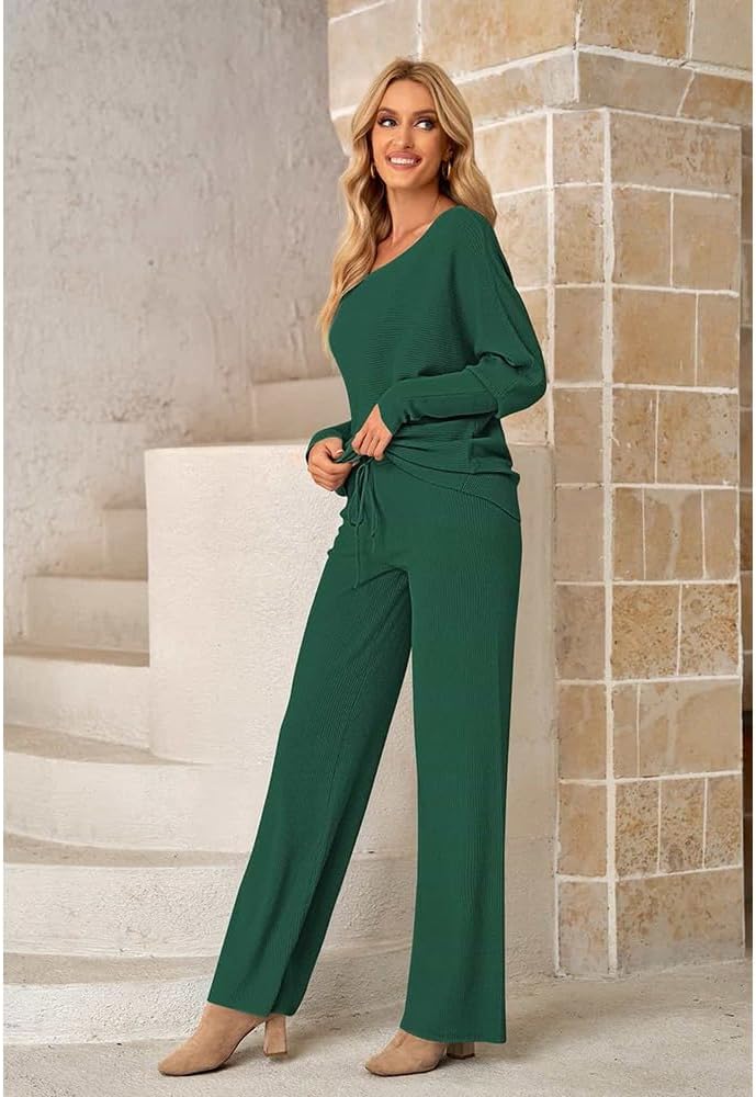 Fixmatti Womens Knitted Outfits 2 Pieces Sweatsuit High Neck Sweater Wide Leg Pant Set - Image 4