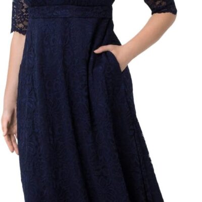 Kiyonna Women’s Plus Size Leona Lace Gown, Maxi Dress Formal Evening Ball Gown with Side Pockets for Wedding Guest