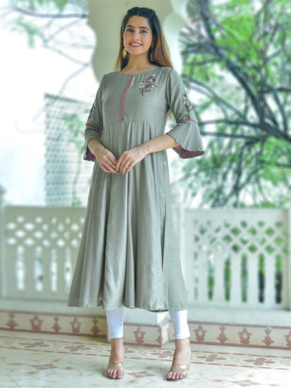 Yash Gallery Women's Poly Viscose Embroidered Calf Langth Round Neck 3/4 Sleeve Indian Anarkali Kurta Dress - Image 2