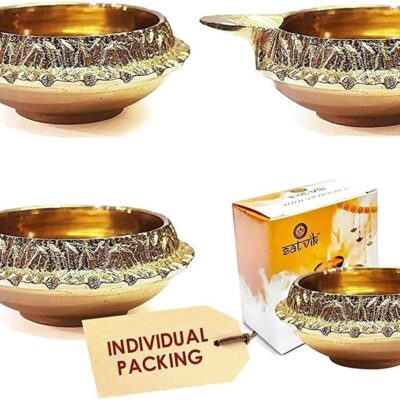 SATVIK 6 pc Kuber Diya for Diwali Decoration. Handmade Oil Lamp with Golden Engraved Made of Virgin Brass Metal. Diwali Diya Vilakku for Puja Pooja. Traditional Indian Deepawali Gift Items