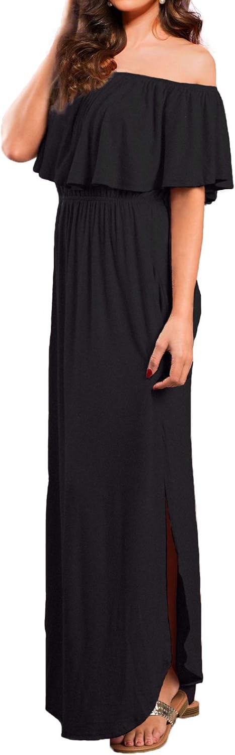 VERABENDI Women's Off Shoulder Summer Casual Long Ruffle Beach Maxi Dress with Pockets - Image 2