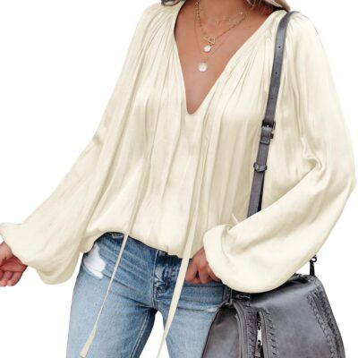 LAMISSCHE Womens Sexy Deep V Neck Blouse Lantern Long Sleeve Chiffon Shirt Oversized Drawstring Silk Satin Tunic