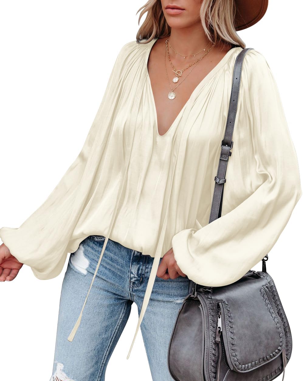 LAMISSCHE Womens Sexy Deep V Neck Blouse Lantern Long Sleeve Chiffon Shirt Oversized Drawstring Silk Satin Tunic