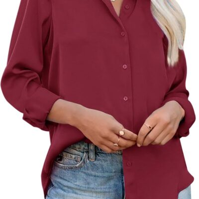 siliteelon Womens Button Down Shirts Solid Dress Shirts Long Sleeve Flowy Collared Work Office Business Blouses Chiffon Tops