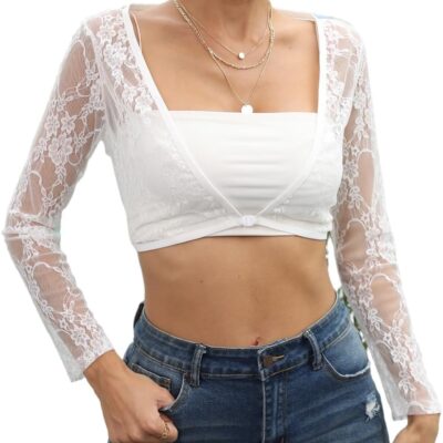 Women's Crop Top Long Sleeve Shrug Lace Short Blouse Shrug Sexy Lace Lining Cardigan Sheer Cover Up
