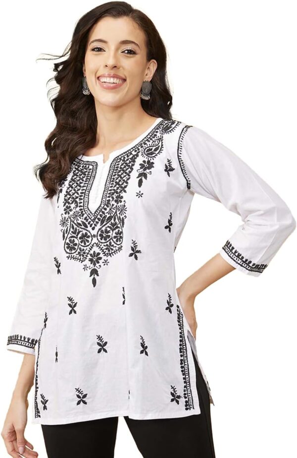 Ada Women's Hand Embroidered Indian Chikankari Cotton Top Tunic Blouse Shirt A411139 White