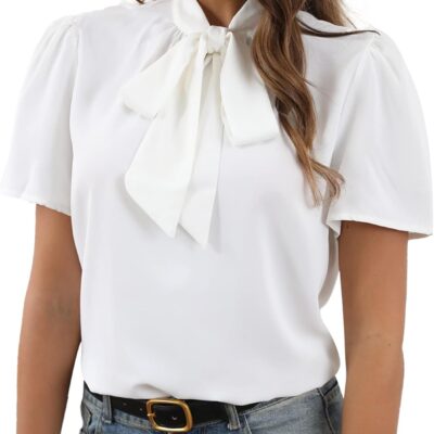 Rooscier Women's Bow Tie Knot Mock Neck Short Sleeve Elegant Workwear Blouse Shirt Top