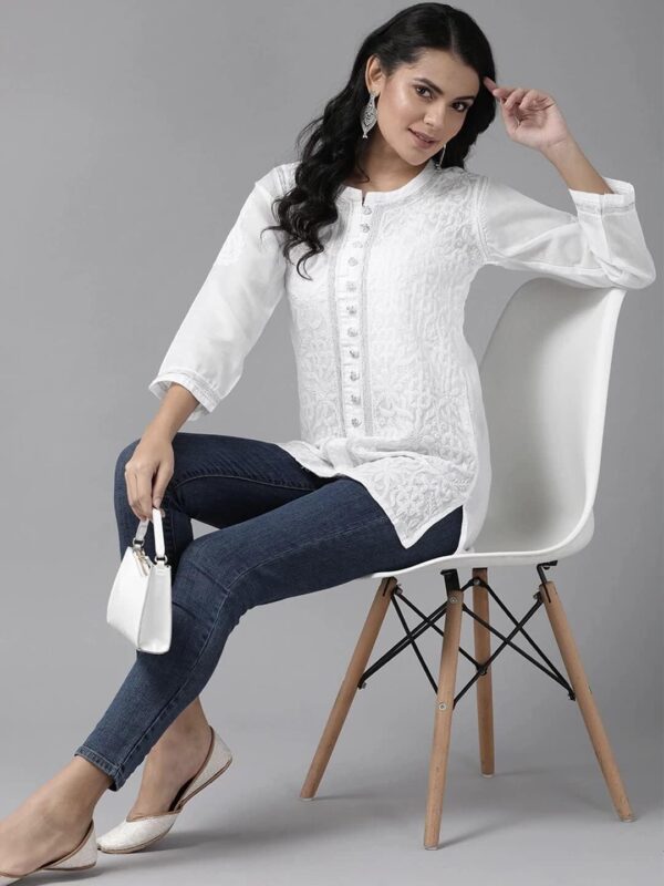 Ada Indian Hand Embroidered Chikankari Cotton Top Tunic Blouse for Women A178625 White - Image 5