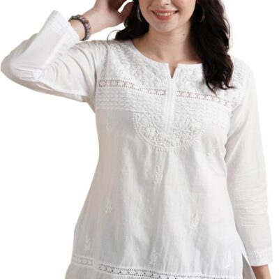 Ada Indian Hand Embroidered Chikankari Women's White Cotton Kurti Top Tunic Shirt A100595