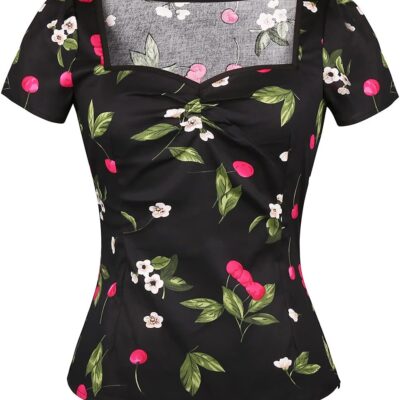 YARN & INK Women's Rockabilly Tops, 1950s Pinup Vintage Blouse Square Neck Slim Fit Shirt Classic Elegant for Women Girls