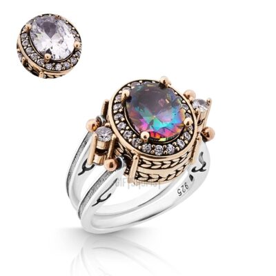 Elegant Reversible 925 Sterling Silver Ring for Women Jewelry - Handcrafted in Turkey, Featuring Oval Cut Alexandrite and White Topaz 925 Sterling Silver Ladie's Ring All Size