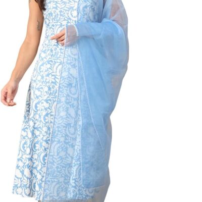 Women's Sky Blue Cotton A-line Kurta and Pant With Dupatta
