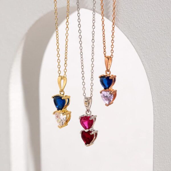 2 Stone Simulated Birthstone Heart Necklace (16"), 925 Sterling Silver Heart Drop Necklace for Women - Personalized Necklaces - Gifts for Mom - Image 7