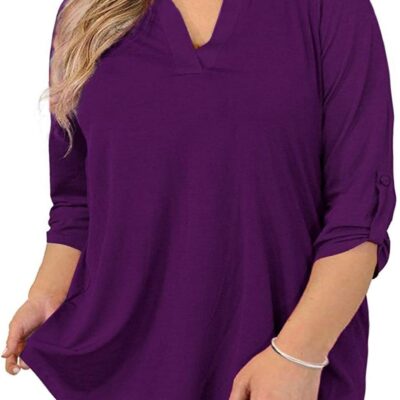 AMCLOS Womens Plus Size Tops V Neck T-Shirts Blouses Casual Soft Flowy Tunic Long Roll Tab Sleeves with Buttons