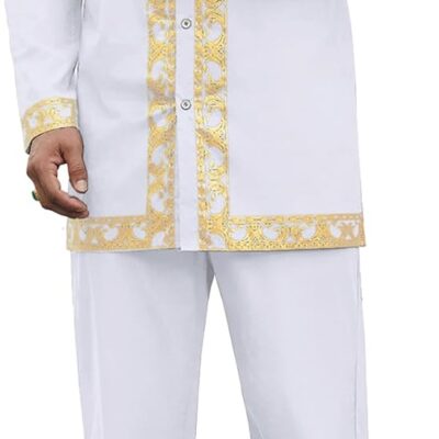Daupanzees Men's African 2 Piece Set Luxury Traditional Suit Gold Print Dashiki Shirt and Pants Outfit