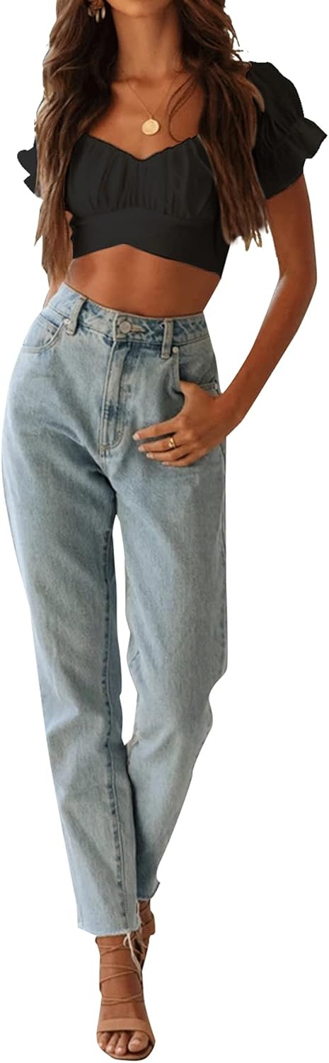 LYANER Women's Ruffle Short Sleeve Tie Up Back Crop Top Off Shoulder Bardot Blouse - Image 6