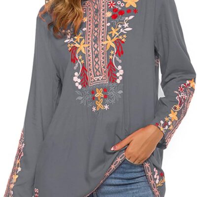 AK Women's Mexican Boho Embroidered Tops Long Sleeve Peasant Casual Loose Tunics Fall Blouse Shirts for Women