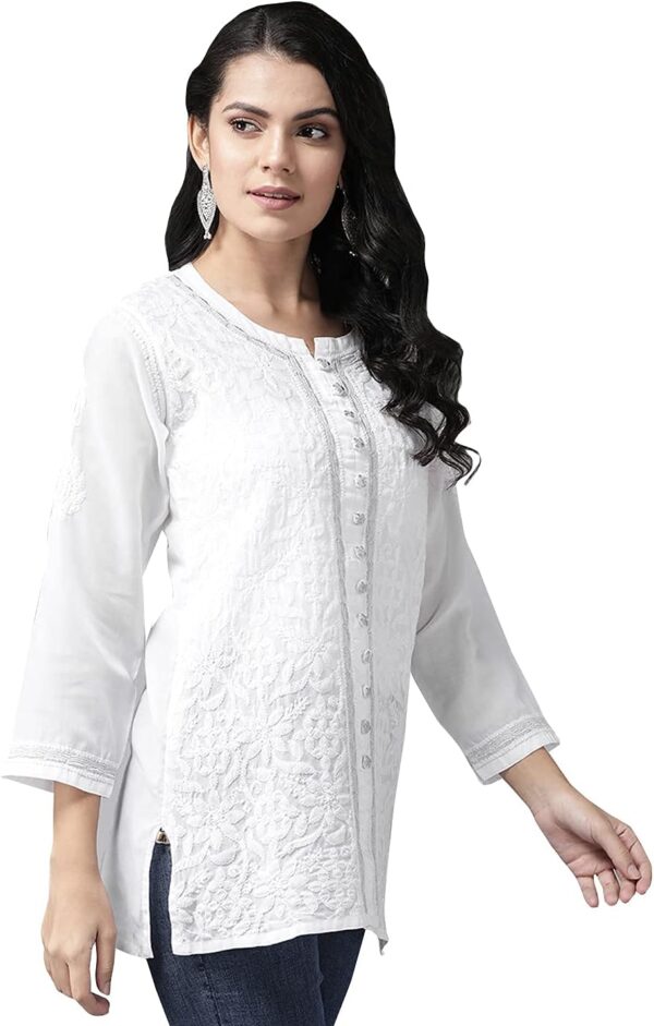 Ada Indian Hand Embroidered Chikankari Cotton Top Tunic Blouse for Women A178625 White - Image 3