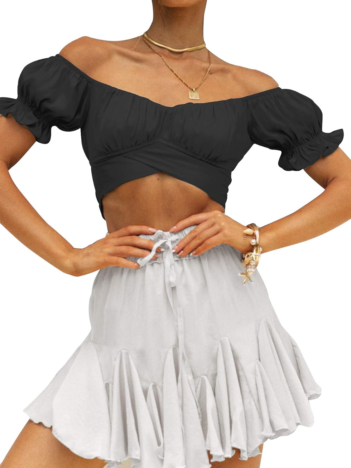 LYANER Women's Ruffle Short Sleeve Tie Up Back Crop Top Off Shoulder Bardot Blouse - Image 3