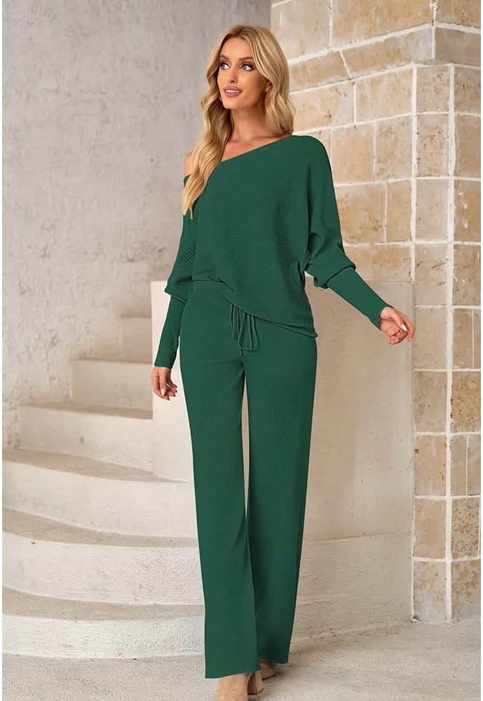 Fixmatti Womens Knitted Outfits 2 Pieces Sweatsuit High Neck Sweater Wide Leg Pant Set - Image 3