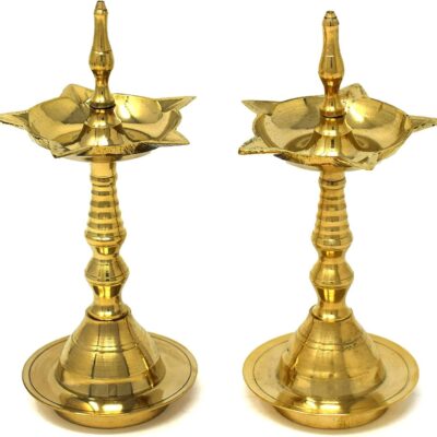 Hashcart® Brass Diya for Pooja Kerala Diya [10 inch, Set of 2, Size - Medium ] Diya Lamp for Puja Diwali Diyas - Traditional Samai Lamp Kutthu vilakku Panchmahal Deepam - Indian Diwali Gifts