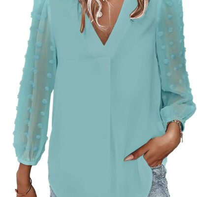 Samefar Women's Long Sleeve Pom Pom Top V Neck Pleated Shirts Casual Loose Chiffon Blouse