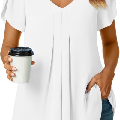 Bestbee Women's Dressy Casual Chiffon Blouses 2025 Summer Tops Pleated Tunics V Neck Petal Short Sleeve Shirts