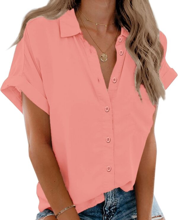 Zeagoo Women's Cotton Button Down Shirts Short Sleeve Casual Shirts Loose Collared V Neck Blouses