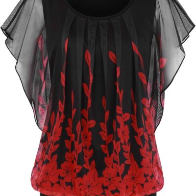 BAISHENGGT Womens Summer Tops Flutter Short Sleeve Pleated Front Mesh Shirts Dressy Casual Blouses