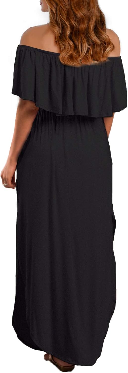 VERABENDI Women's Off Shoulder Summer Casual Long Ruffle Beach Maxi Dress with Pockets - Image 3
