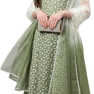 miss fame Women Sleeveless Printed Cotton Kurta with Palazzo and Dupatta - Green