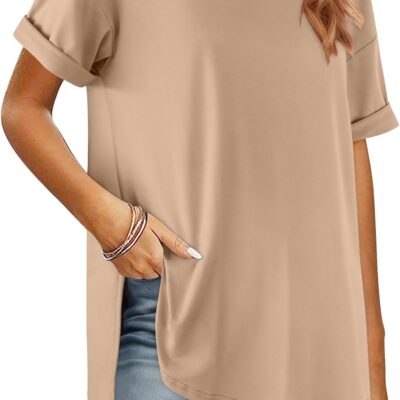 HOTOUCH Womens Oversized T Shirts Crewneck Short Sleeve Workout Blouse Tops Summer Casual Dropped Shoulder Tunic Tee