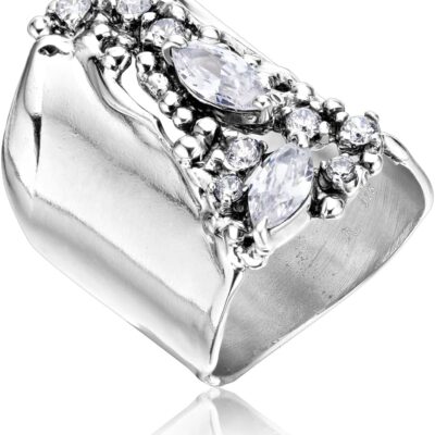 JEAN RACHEL JEWELRY 925 Sterling Silver Shield Ring with Cubic Zirconia - Antique & Vintage Design - Hypoallergenic, Nickel & Lead-free Artisan Handcrafted Designer Collection