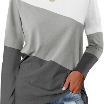 Minetom Women's Color Block Tops Casual Long Sleeve Tunic Round Neck Pullover Shirts