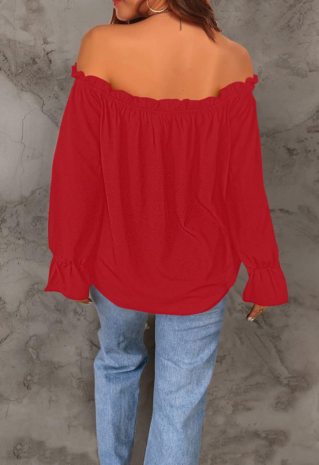 Women's Off Shoulder Top Ruffle Long Sleeve Chiffon Blouse Casual Loose Shirts - Image 4