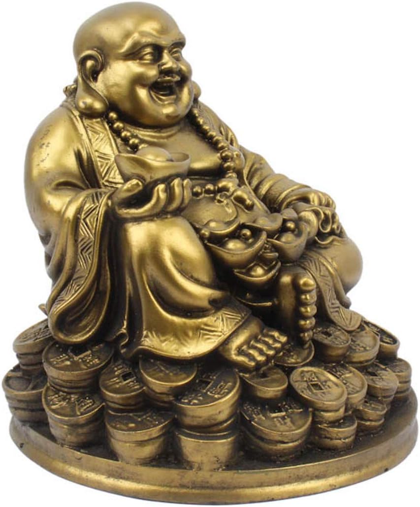 Petrichor Handmade Laughing Buddha Sitting on Lucky Money Coins Carrying Golden Ingot for Feng Shui Good Luck & Happiness (5 inch) - Image 2