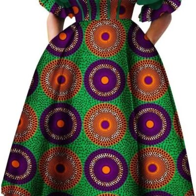 BAZINRICHE African Dresses for Women Puff Sleeve High Waist Gowns Ankara Dress Princess A Line Dress Pocket