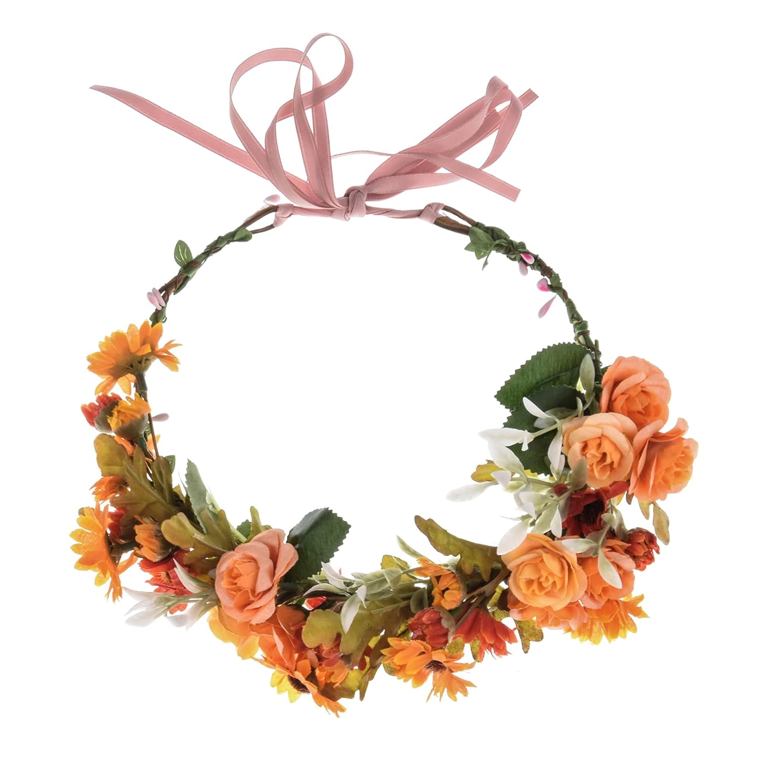 DDazzling Green Leaf Floral Crown Eucalyptus Flower Women Girls Headband Flower Headpiece Bridal Halo Photo Prop (Yellow Orange Green) - Image 6