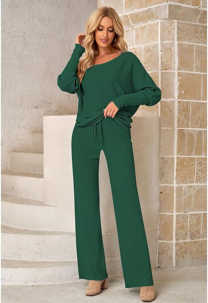 Fixmatti Womens Knitted Outfits 2 Pieces Sweatsuit High Neck Sweater Wide Leg Pant Set - Image 2