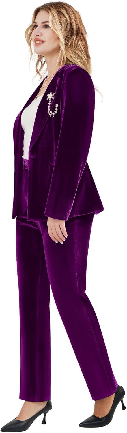 Women's 2 Piece Velvet Suit Notch Lapel One Button Slim Fit Business Party Wedding Tuxedo Blazer Pants Set - Image 5