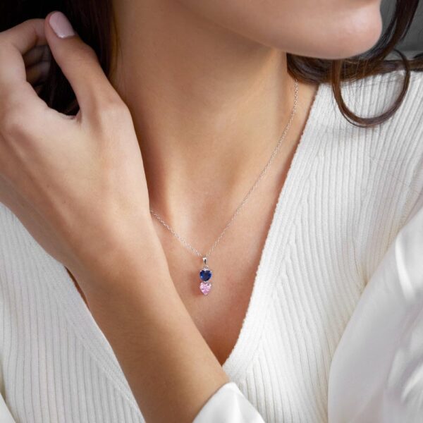 2 Stone Simulated Birthstone Heart Necklace (16"), 925 Sterling Silver Heart Drop Necklace for Women - Personalized Necklaces - Gifts for Mom - Image 8
