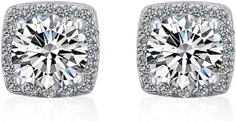 Square Moissanite Stud Earrings 1-2 Carat/Pair 925 Sterling Silver D Color VVS1 Clarity Moissanite Diamond Stud Earrings Friction Retractable Halo Earrings for Women Men