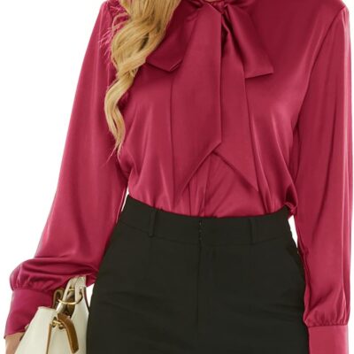 Escalier Women's Silk Blouse Long Sleeve Bow Tie Neck Button Down Shirts Casual Office Work Blouse Tops